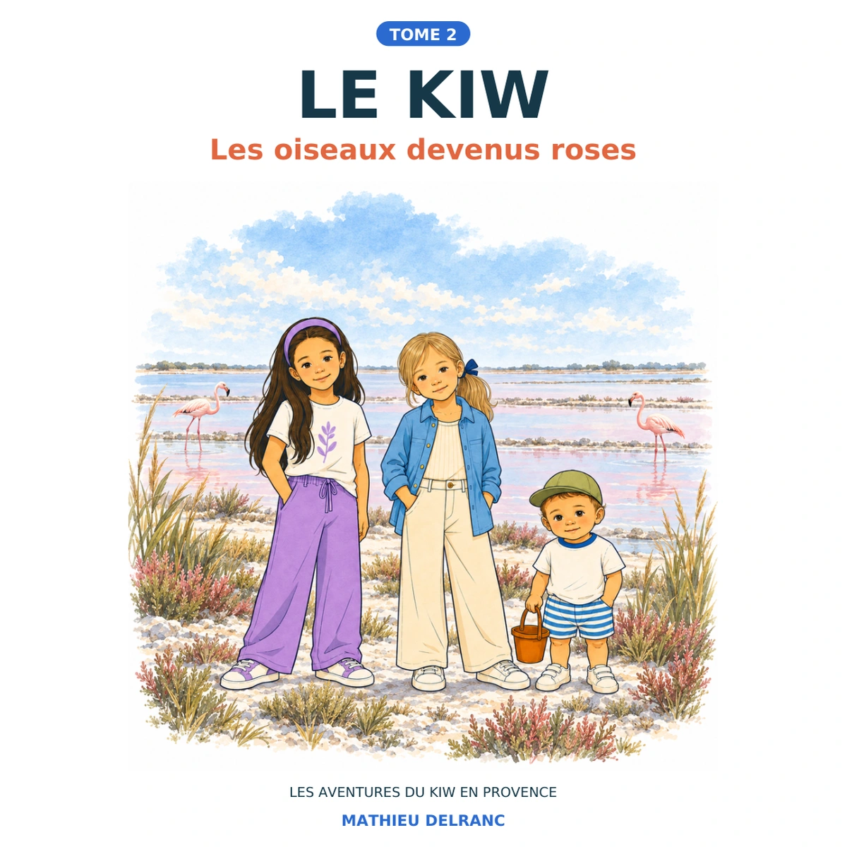 Couverture du tome 2, LE KIW, Les oiseaux devenus roses, avec Le Kiw, Nono et Raf