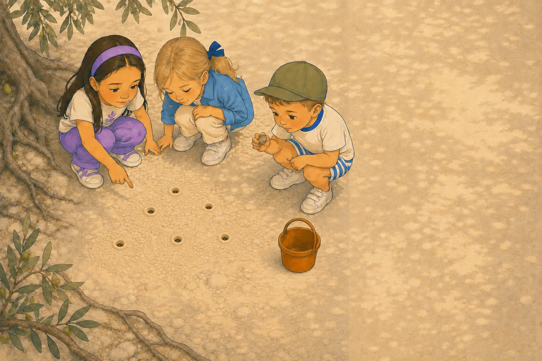 Le Kiw, Nono et Raf accroupis devant de petits trous ronds dans la terre sèche, au pied de l’olivier